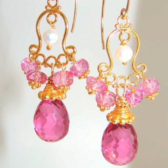 Gold Pink Topaz Pink Quartz Earrings Gemstone Briolette Chandelier Earrings - Picture 4 of 6